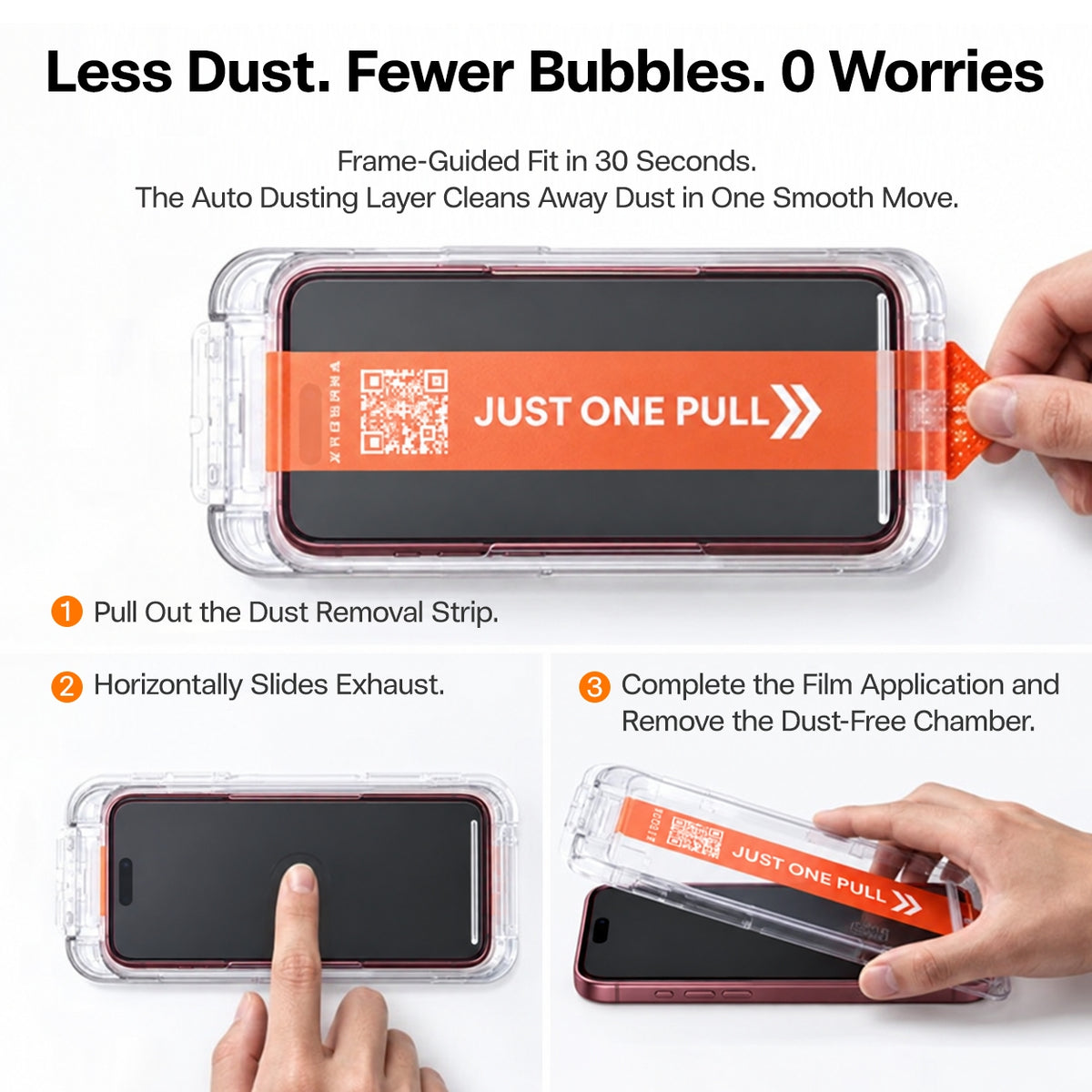 Three-panel install guide: pull out the dust-removal strip, slide horizontally to push the air out, then lift away the dust-free chamber for a frame-guided fit in 30 seconds