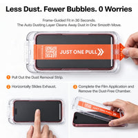 Three-panel install guide: pull out the dust-removal strip, slide horizontally to push the air out, then lift away the dust-free chamber for a frame-guided fit in 30 seconds